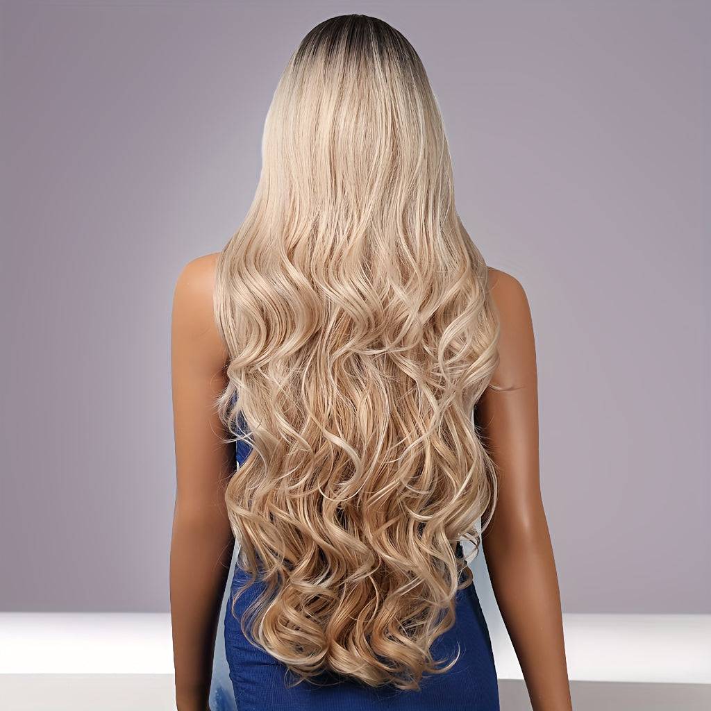 Synthetic Wig for Women Heat-Resistant Long Beach Waves with Blunt Bangs Voluminous Curly Hairpiece with Adjustable Cap for Weddings, Parties & Daily Wear