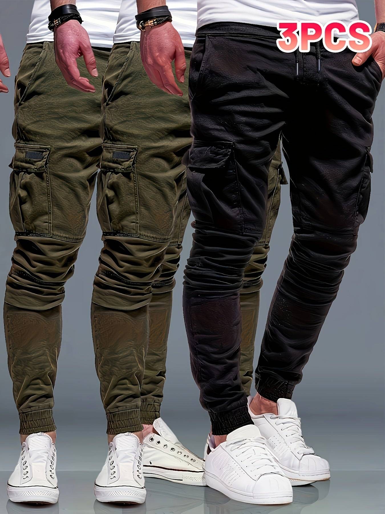 3pcs men's drawstring jogger pants with elastic waist, multi-pocket, regular fit, solid color for gym and casual use
