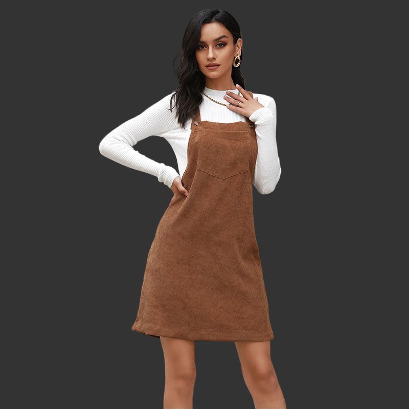 Women’s Retro Corduroy Strap Dress A-Line Pinafore Style Sleeveless Casual Outfit for Autumn and Winter