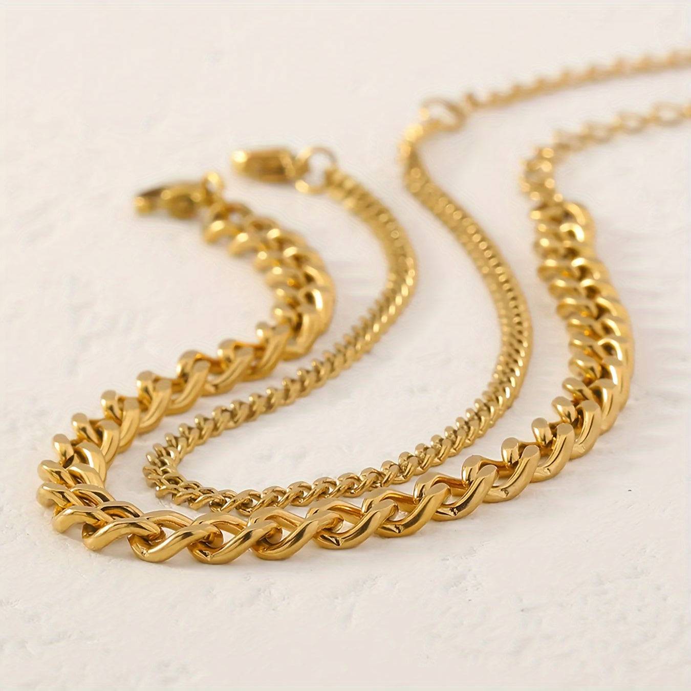 2-Piece Stainless Steel Women’s Anklet Set Double-Layer Cuban Chain for Daily Wear & Vacation