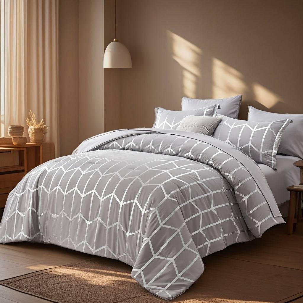 5/7-Piece Golden Foil Comforter Set, Soft Microfiber Queen Bedding with Pillowcases and Sheets, All-Season Easy-Care
