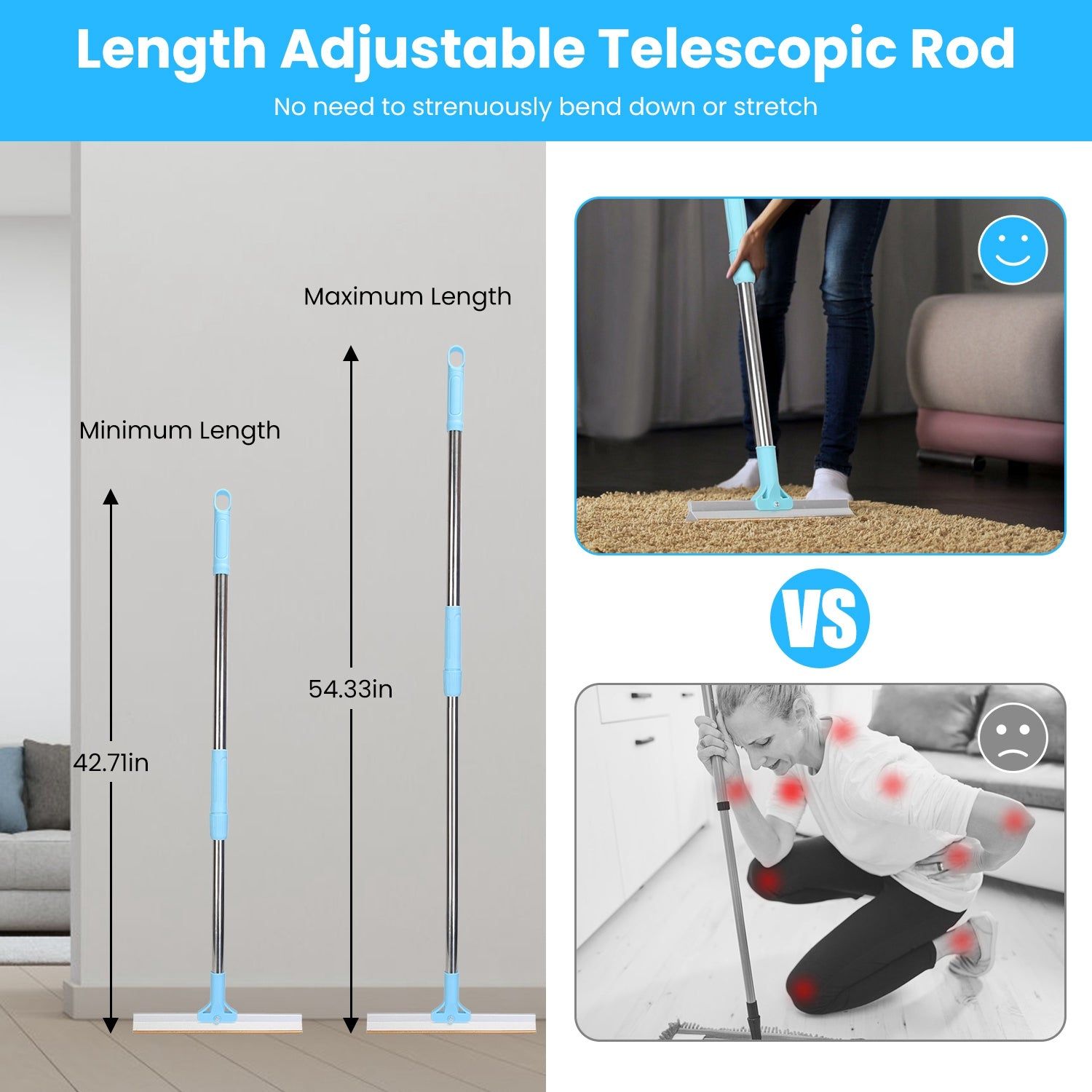 Pet Hair Remover Rake With Adjustable Telescopic Handle