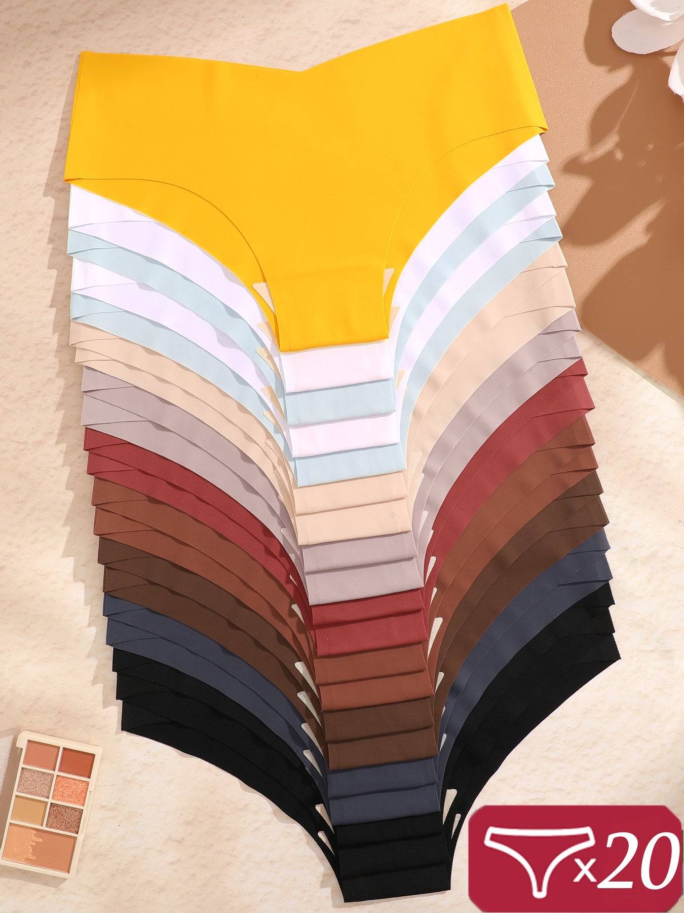 20-Pack Seamless Ice Silk Panties for Women – V-Cut, Drop Waist, Solid Colors, Medium Support
