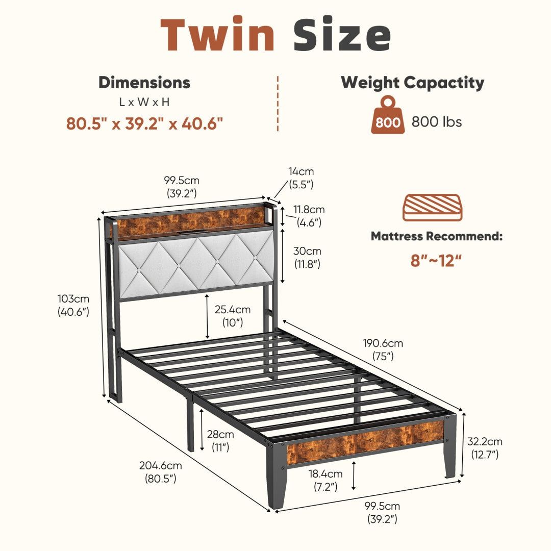 Upholstered Bed Frame with Headboard Storage and Charging