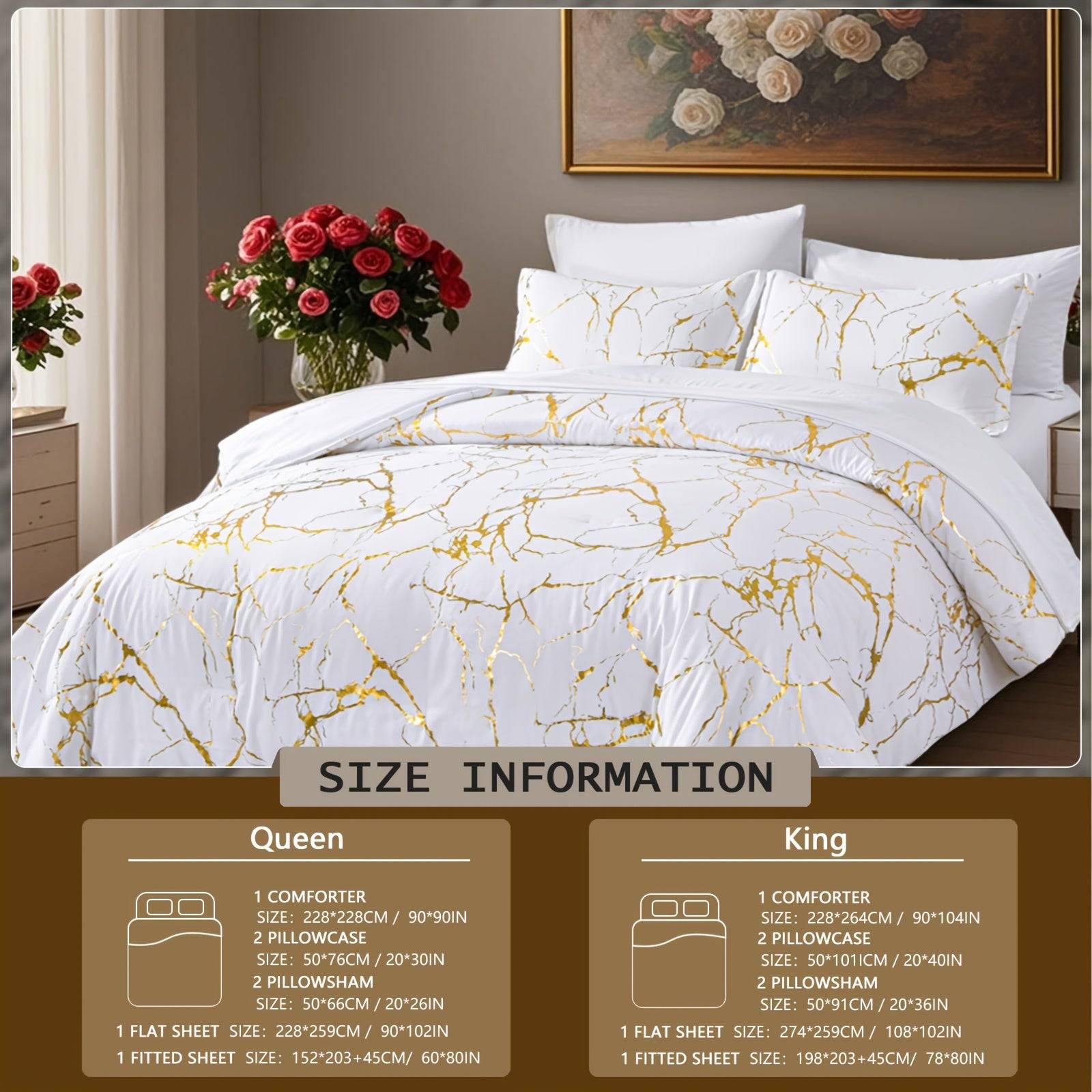 7-Piece Hot Stamping Comforter Set Queen, Soft Ultra-Fine Fiber Bedding with Sheets and Pillowcases, Lightweight All-Season Use