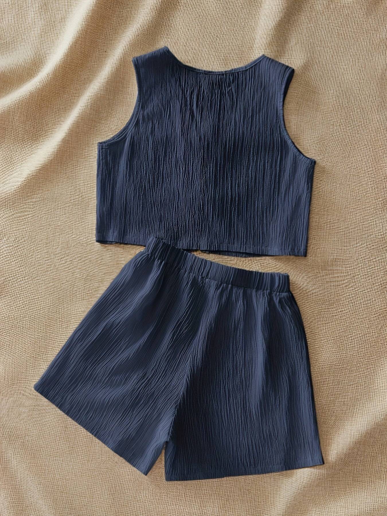 Women’s Casual Two-Piece Set with V-Neck Sleeveless Top & Shorts, Breathable Solid Color Outfit for Elegant Spring & Summer Style