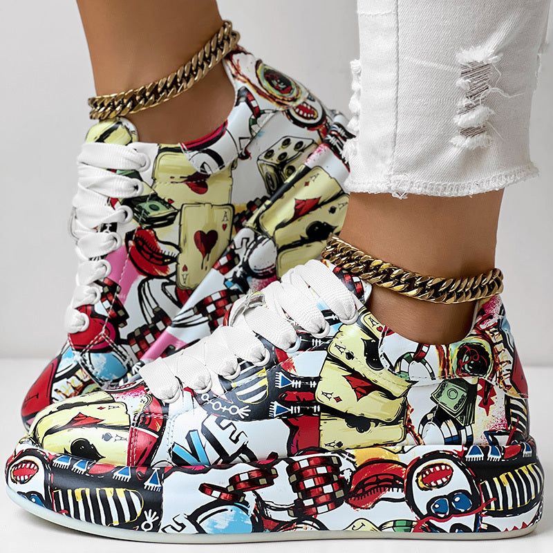 Casual Lace Up Sneakers with Thick Sole and Print Design