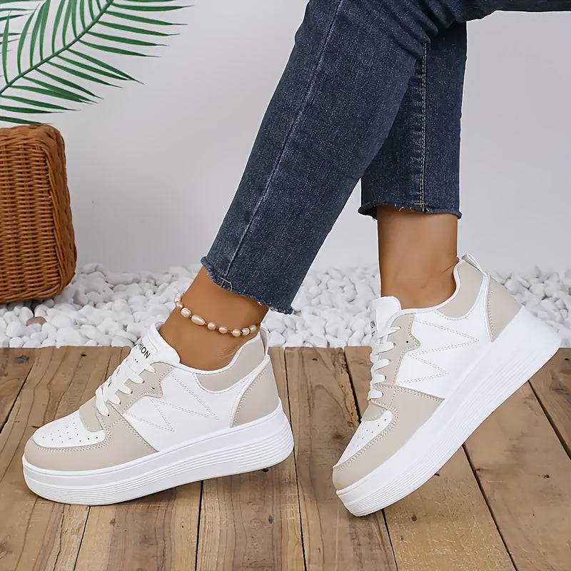 Women’s Platform Sneakers, Casual Lace-Up Low-Top Shoes with Breathable Mesh, PU Upper & EVA Insole, White/Beige