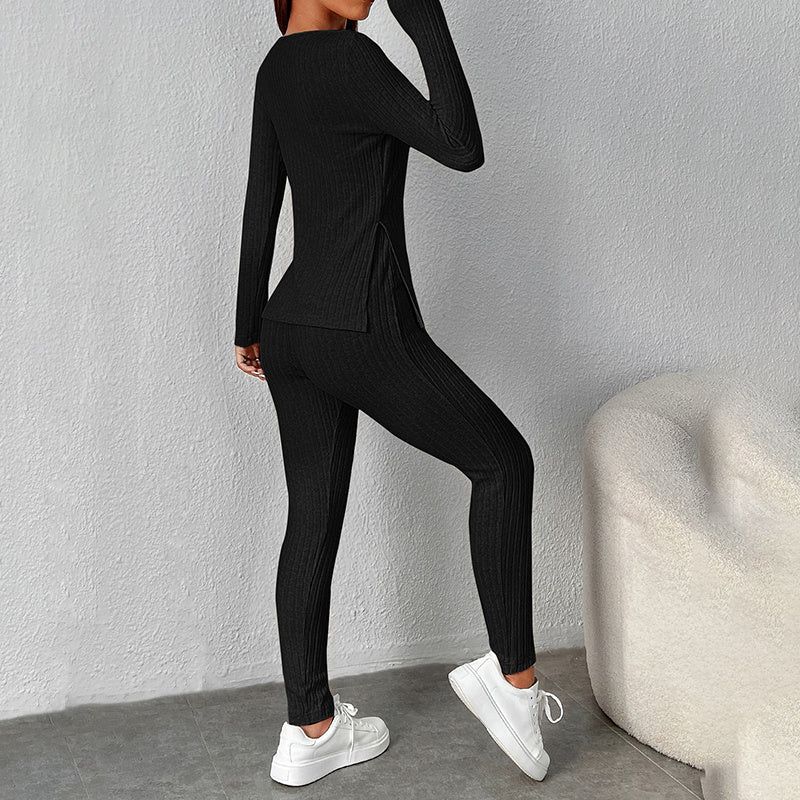Matching Set Ribbed Knit Long Sleeve Top and Pants