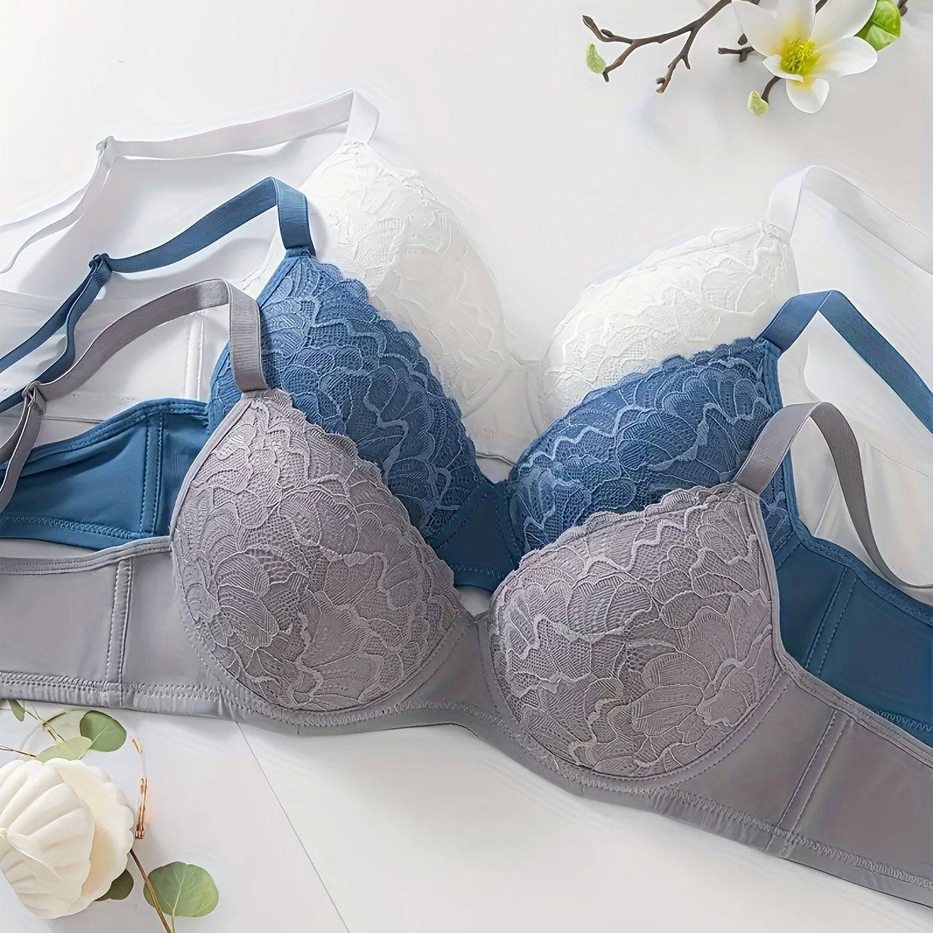 3-Pack Women's Floral Lace Underwire Bras – Comfortable Push Up Design with Lace Detail, Ideal for Everyday Wear & Special Occasions