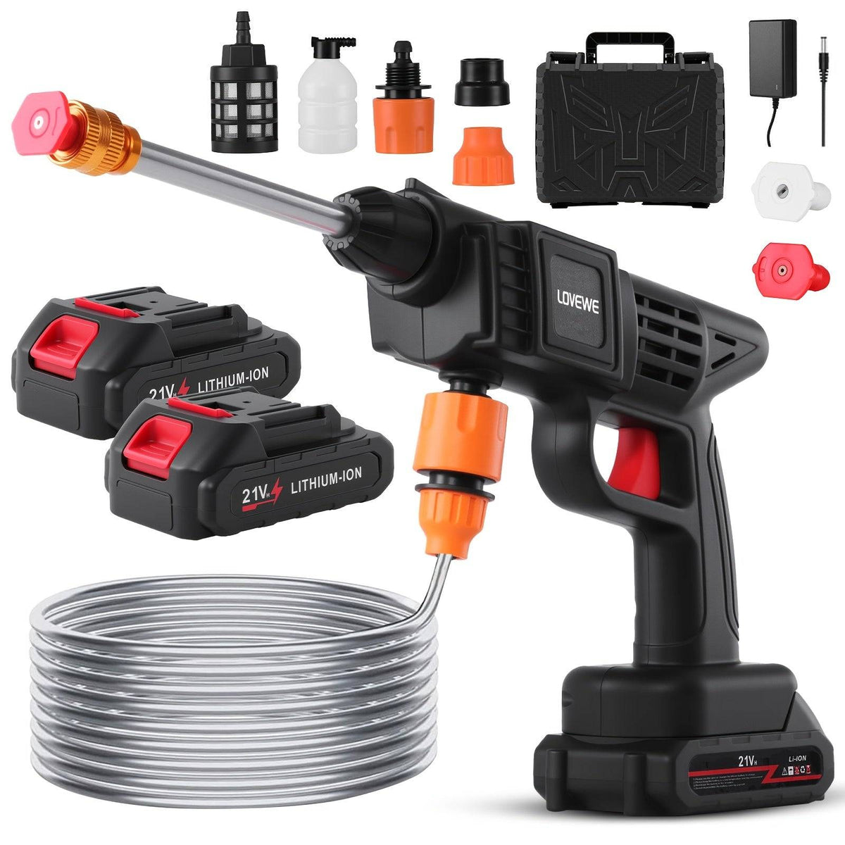 Wireless High-Pressure Car Washer Rechargeable Portable Cleaning Tool with Foam Spray Gun Includes 2×15000mAh Batteries & Toolbox for Indoor & Outdoor Use