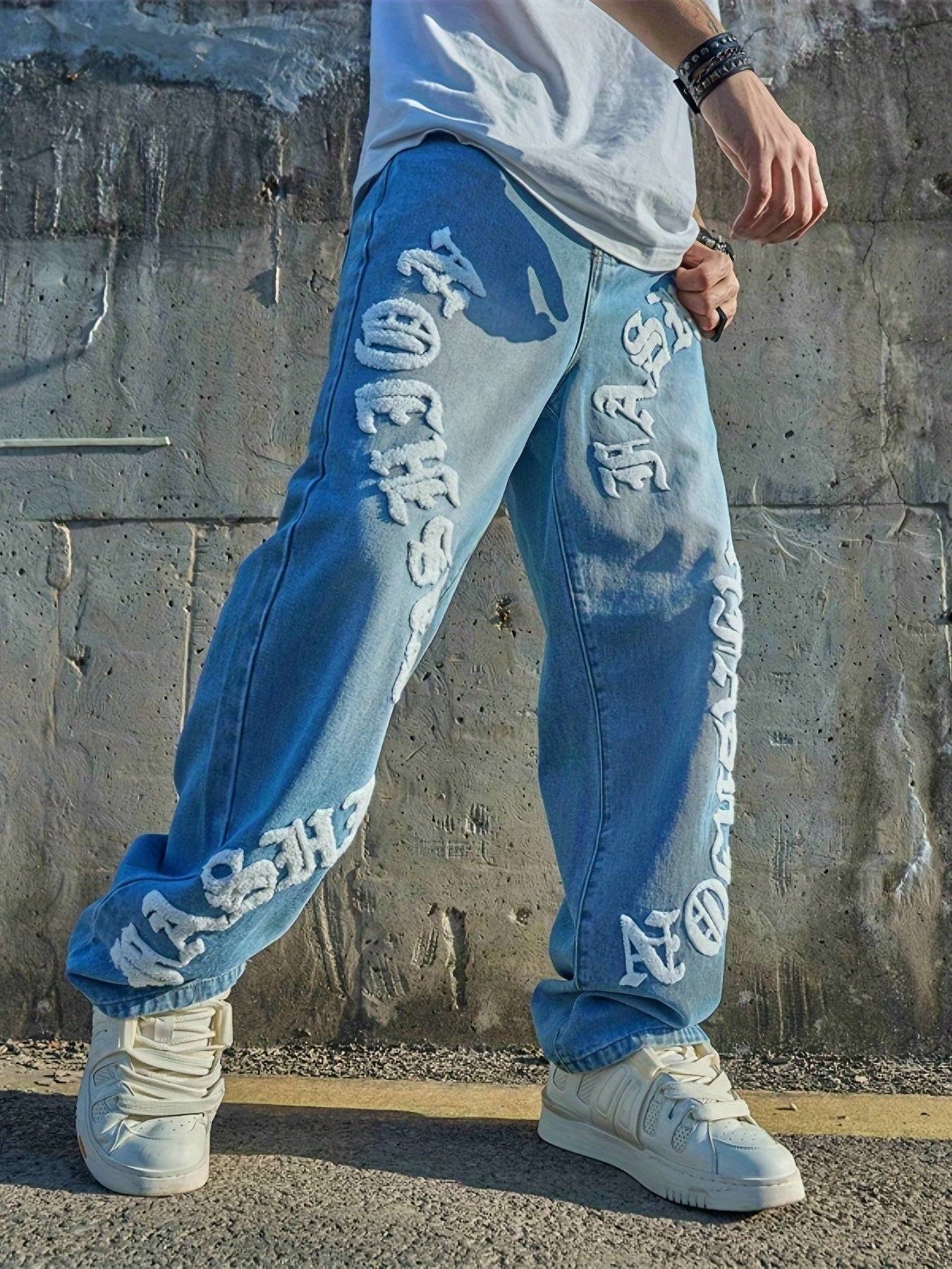 Men’s Loose Fit Jeans Light Blue Streetwear Style Straight-Leg Nonstretch Denim with Letter Print