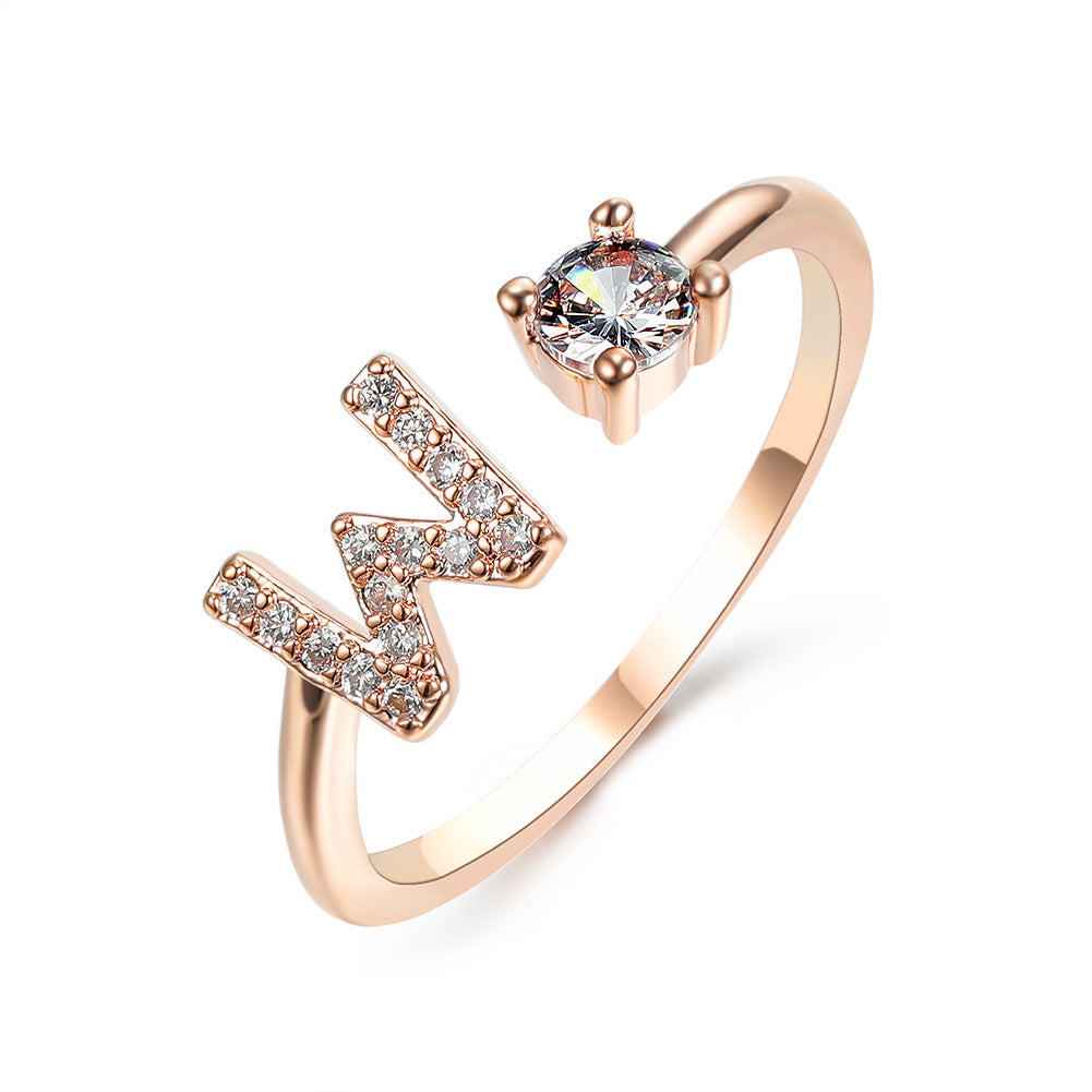 Anillo de letra ajustable con circonitas y diseño inicial de 26 para mujer