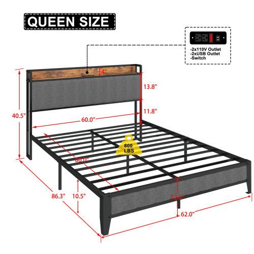 Queen Bed Frame with Charging Station and Upholstery