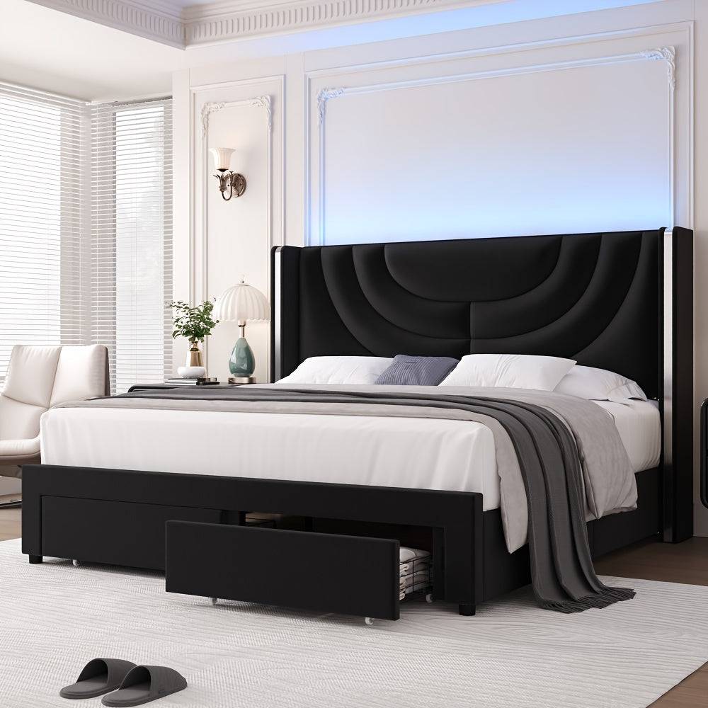 Upholstered LED Bed Frame with Storage Drawers, Velvet Platform Bed with Wingback Headboard, Solid Wood Slats, Full/Queen/King Sizes