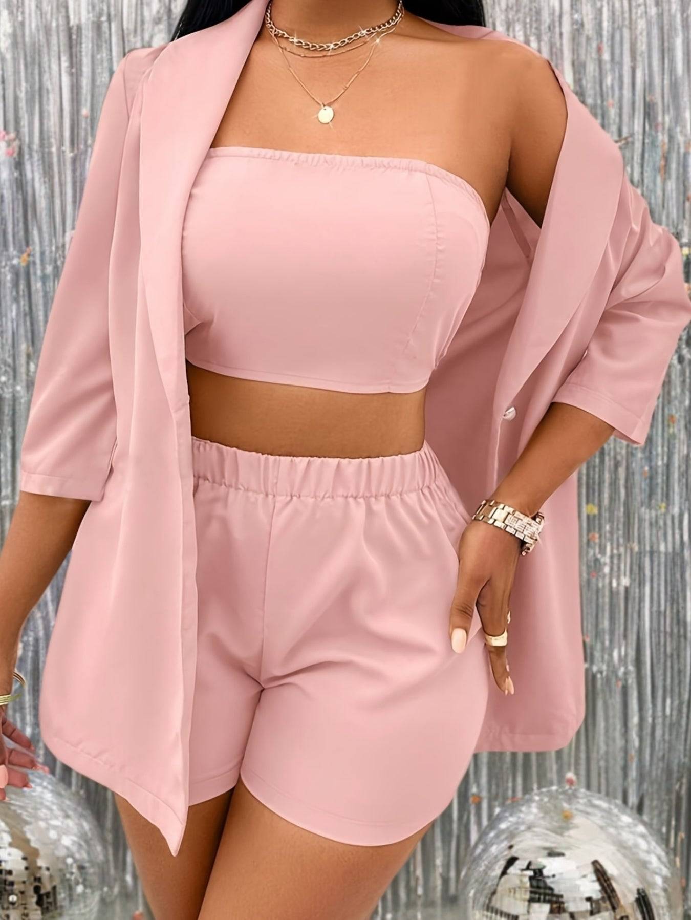 Women’s Three-Piece Set Strapless Top, Shorts & Jacket with Green Fruit Collar Solid Color Casual Wear