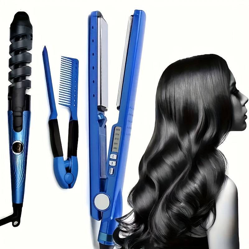3-Piece Blue Hair Styling Kit Rapid-Heating Straightener, Curling Iron & V-Shaped Brush Multifunctional Hair Tools for Home & Travel