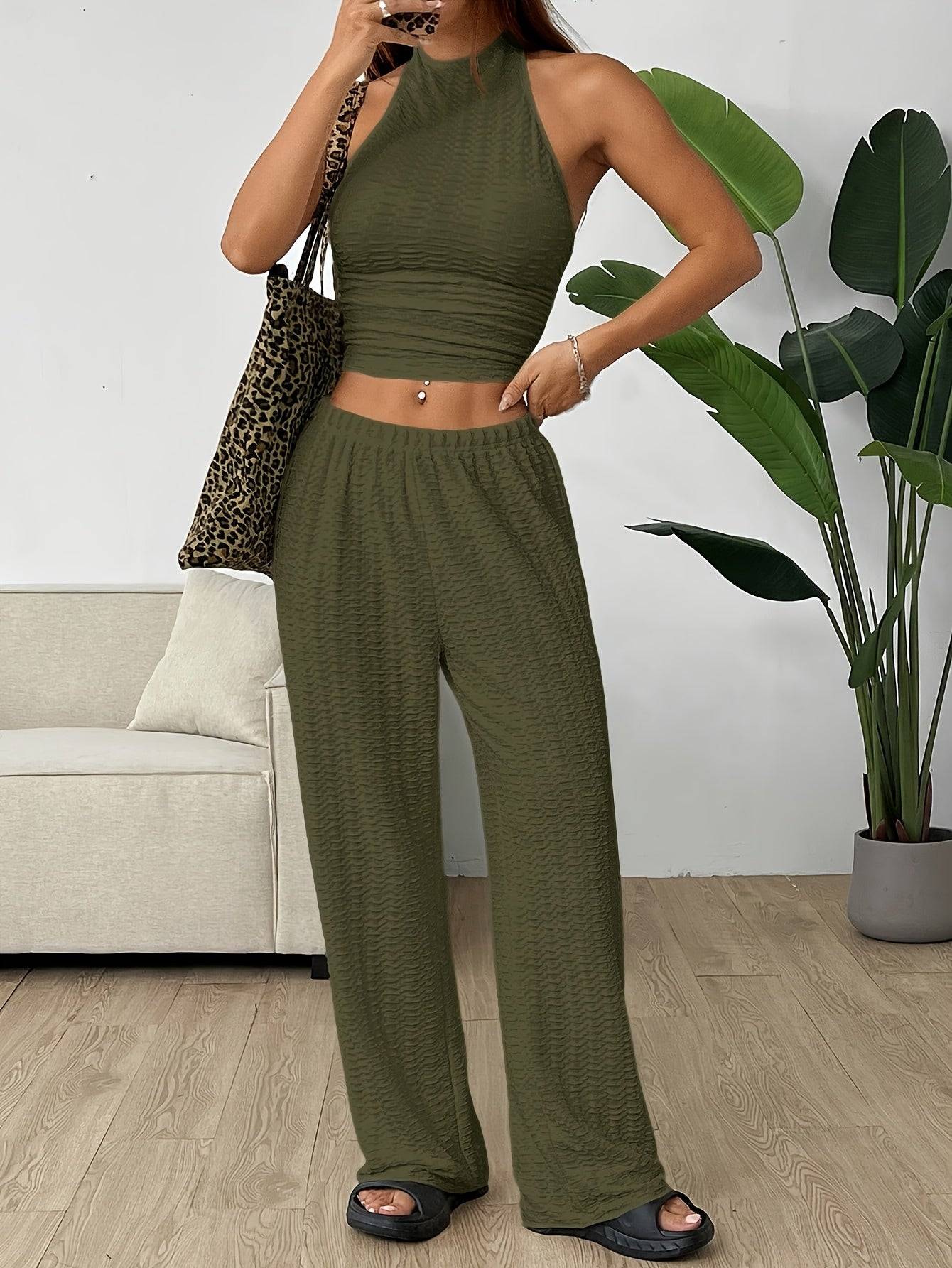Women’s Casual Halter Top & Baggy Pants Set – Comfortable 2-Piece Outfit for Daily Commuting & Everyday Wear