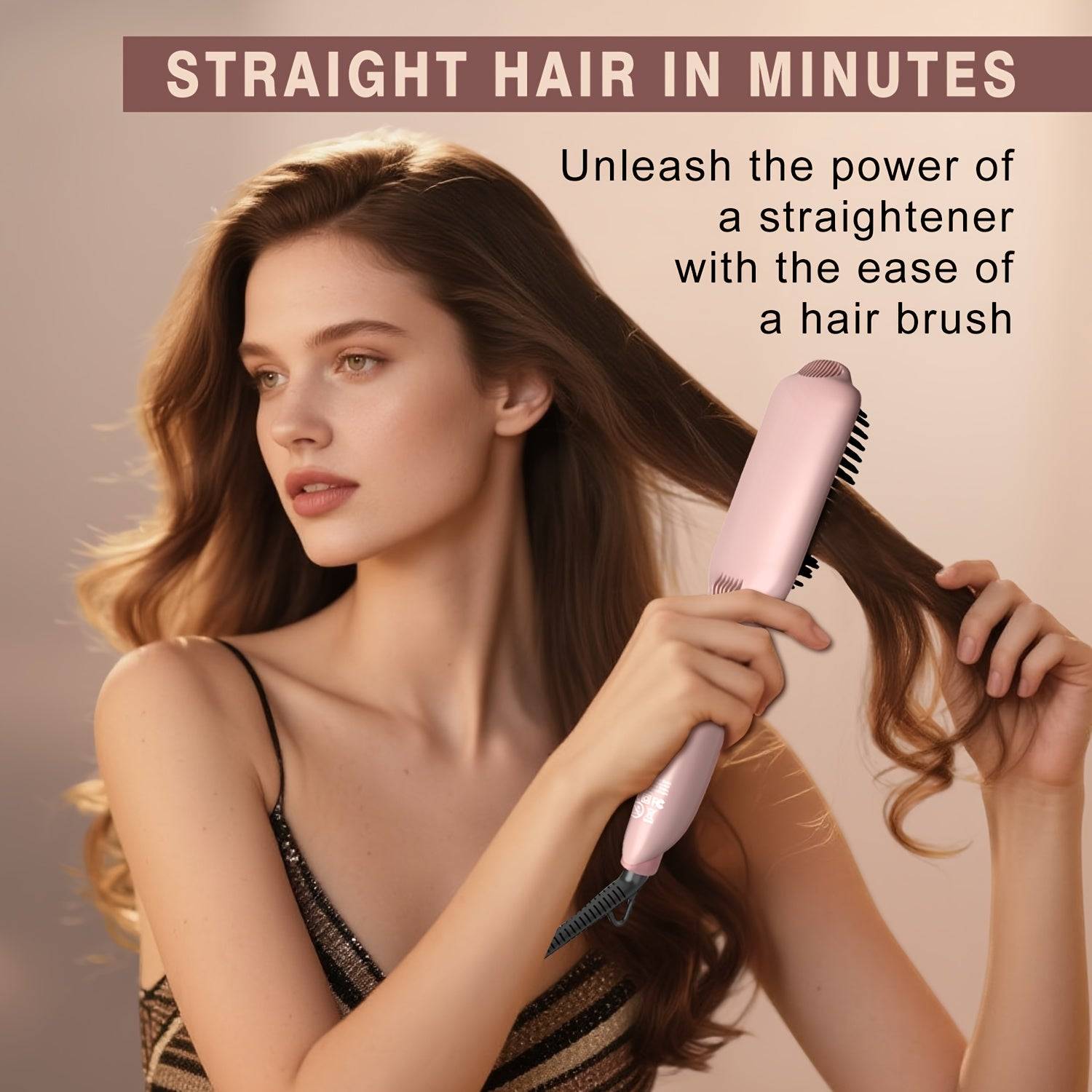 Hair Straightener Brush with Ionic Technology, Ceramic Heated Comb with 12 Temps & Dual Voltage, Flat Iron Brush for Thick Curly Hair, Rose Gold