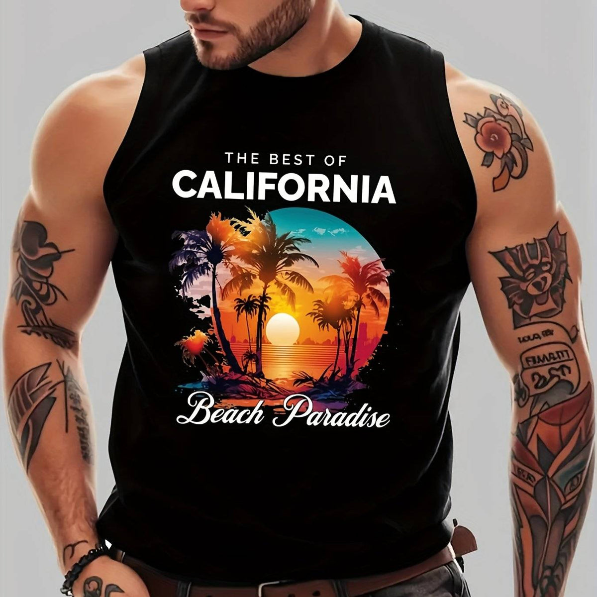 Men’s Sleeveless Tank Top Cotton Comfort California Beach Sunset Print Loose Fit for Gym & Summer