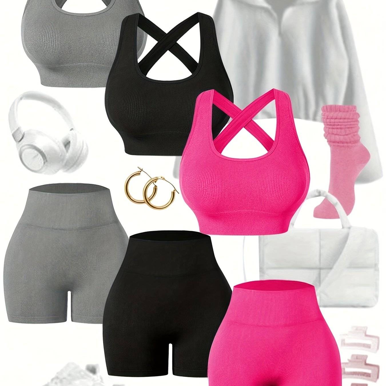 3-Piece Women’s Seamless Sportswear Set with See-Through Back Bra & High-Stretch Shorts, Tight Fit for Training & Fitness