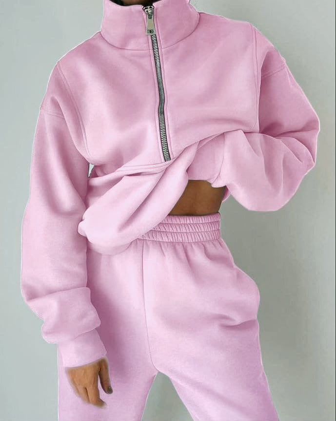 Women Two Piece Set Fleece Solid Color Casual Suit