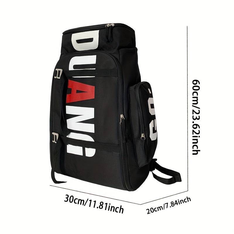 Black large travel backpack with DUANI print, showing dimensions of 60cm height, 30cm width, and 20cm depth for spacious storage.