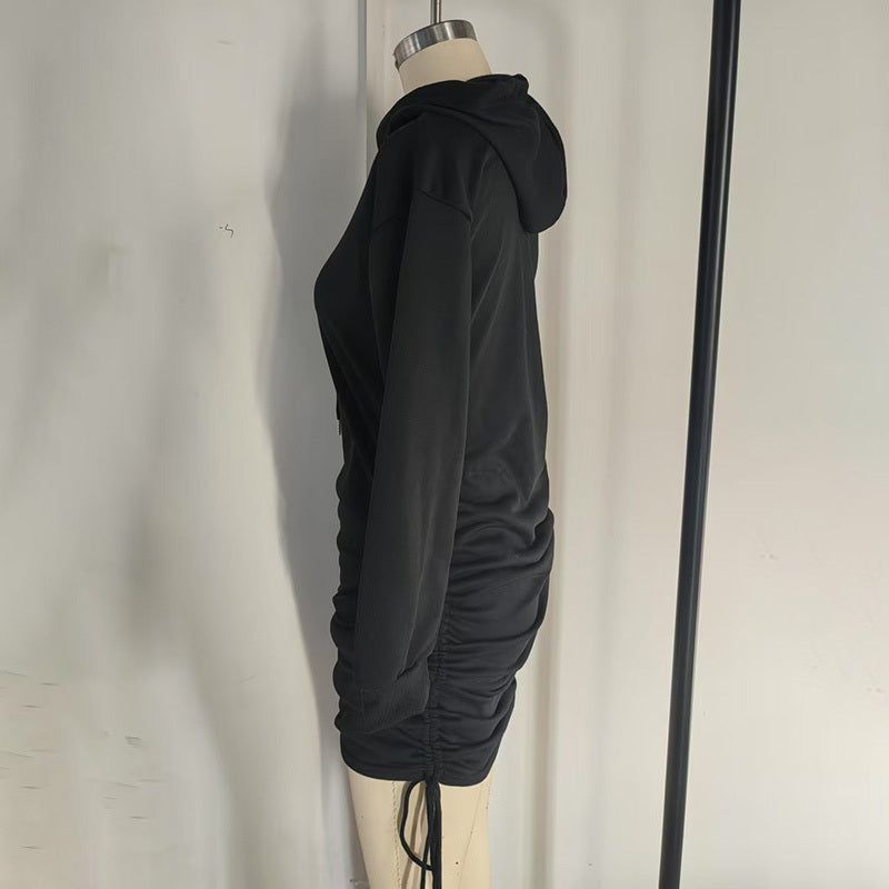 Hooded Bodycon Dress with Drawstring Ruched Detail
