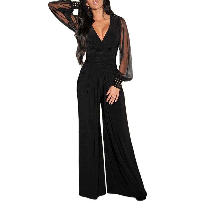Mesh V Neck Jumpsuit with Wide Leg Silhouette