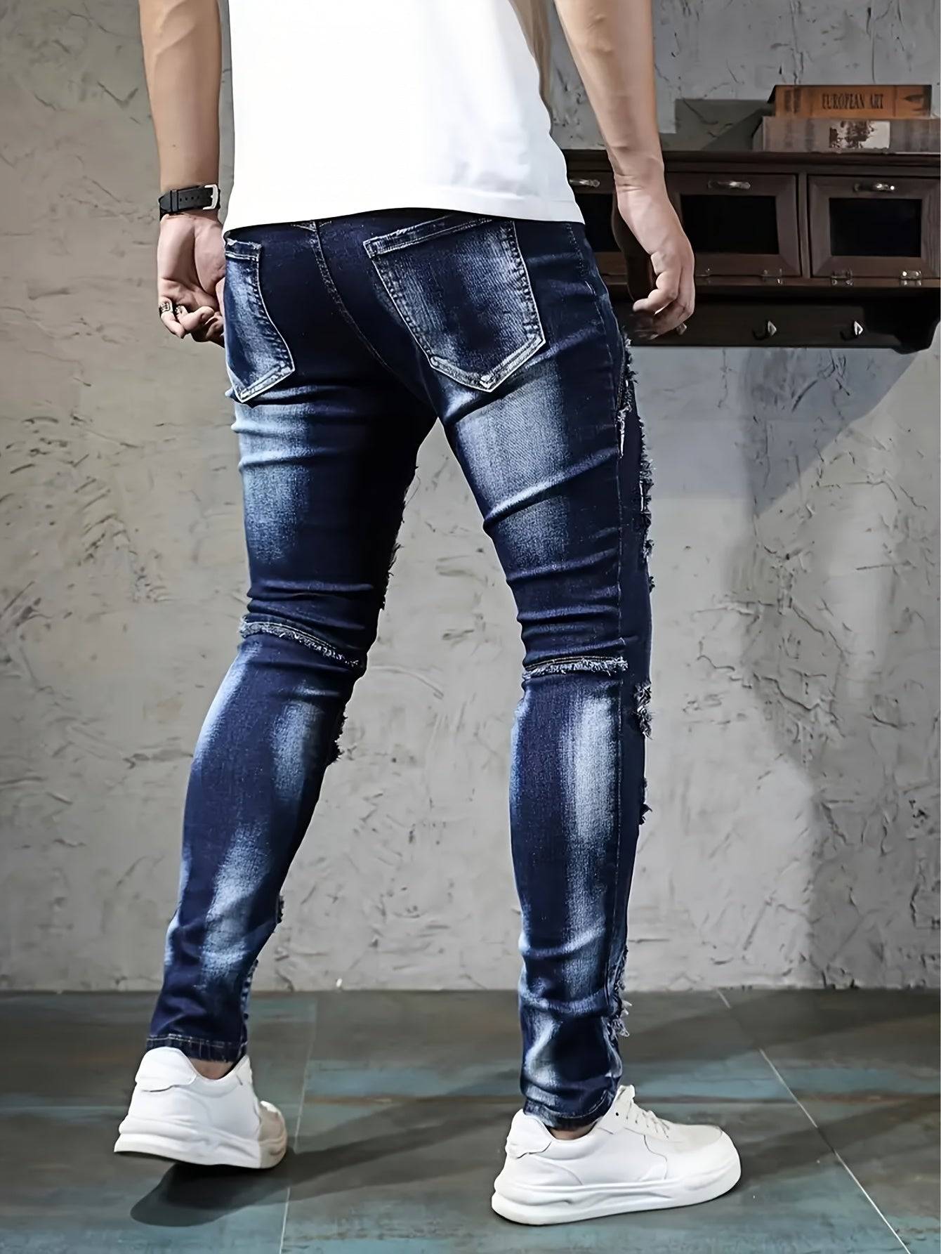 Men’s Slim Fit Jeans Blue Splicing Design Stretch Denim Versatile High Street Style for All-Season Wear