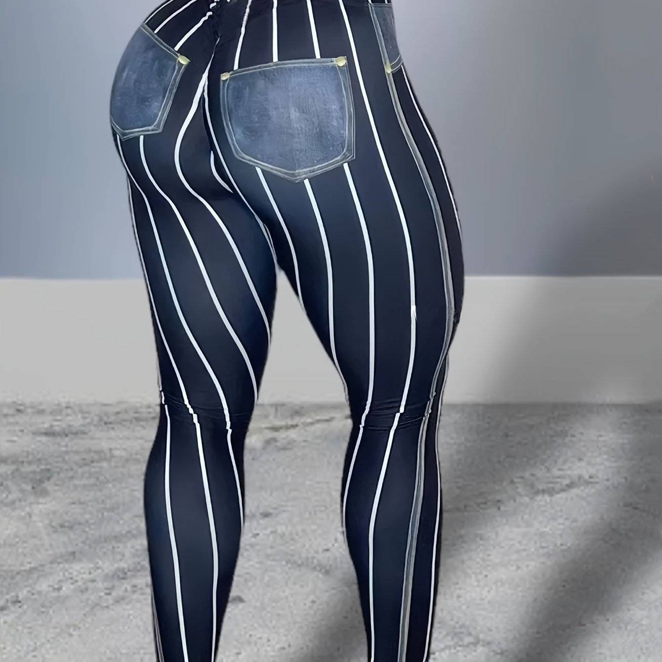 Women's High-Waisted Denim Print Leggings, Stretchy 9" Length Pants with Striped Pattern and Fake Pockets, Slim Fit for Gym and Casual Wear