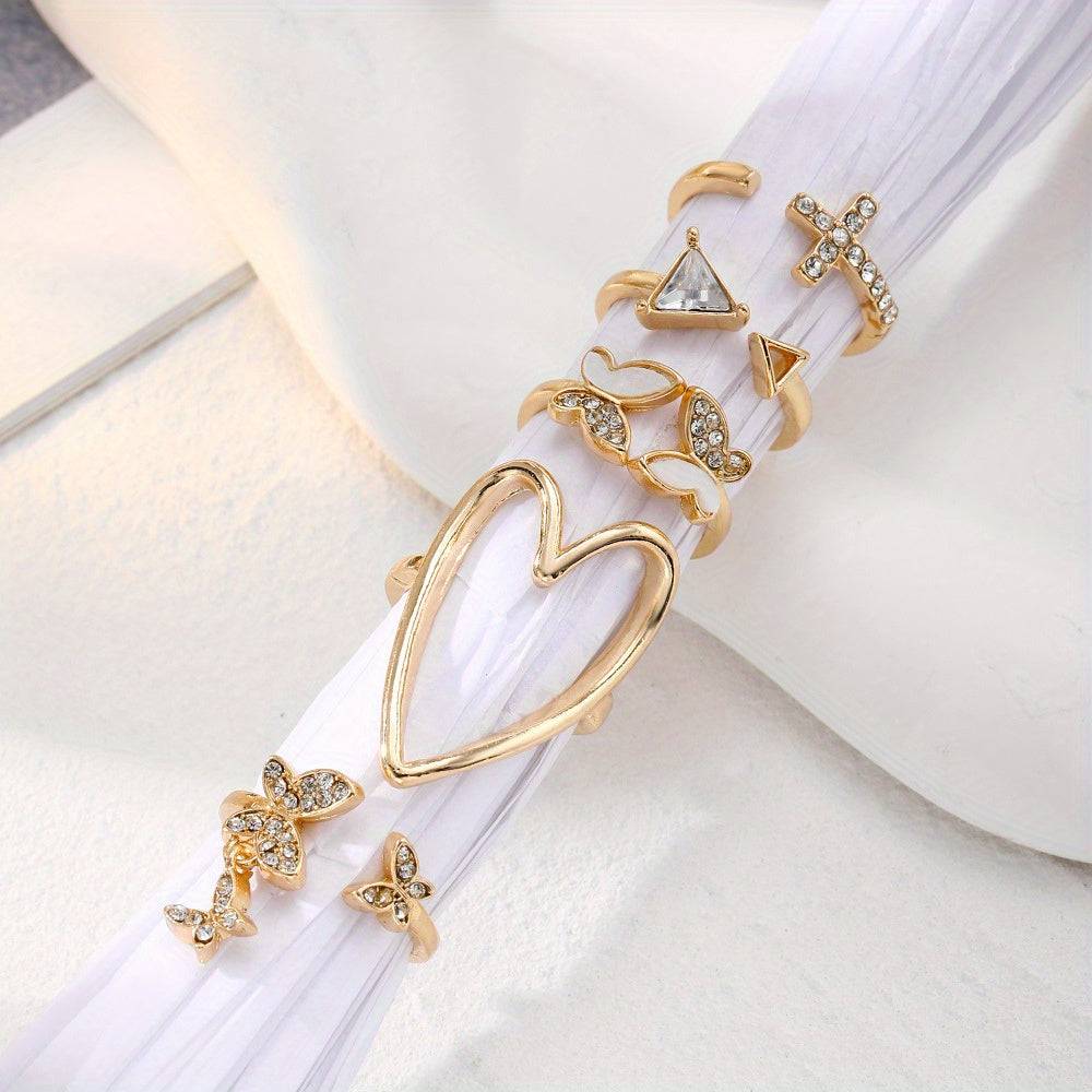 5-Piece Golden Retro Ring Set Minimalist Butterfly & Heart Design with Rhinestones for Daily & Special Occasions