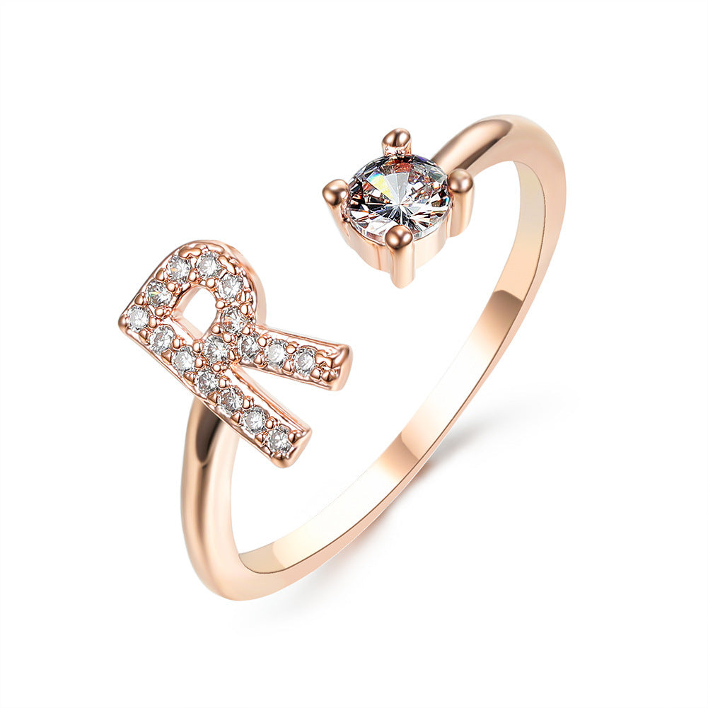 Anillo de letra ajustable con circonitas y diseño inicial de 26 para mujer
