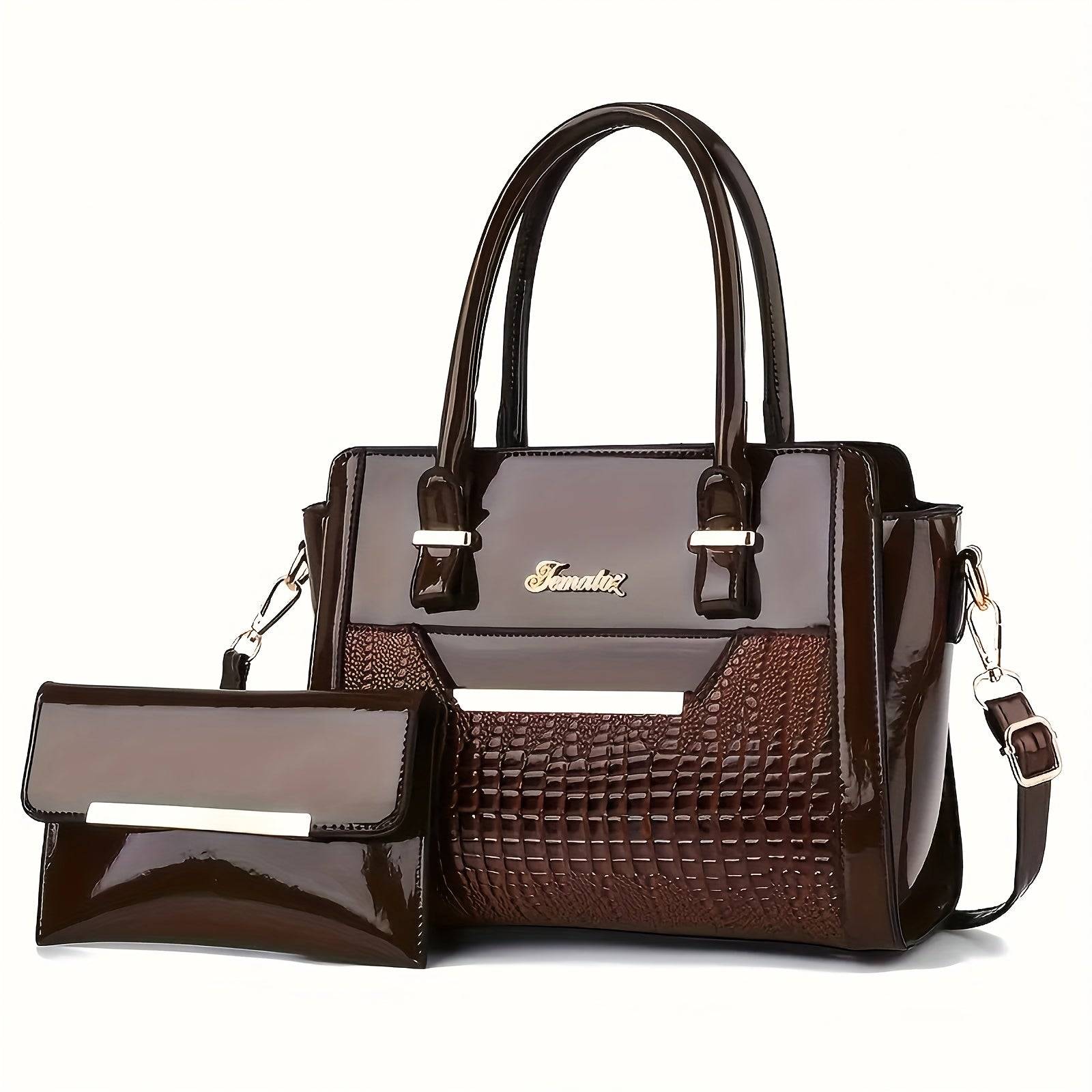 Women's Crocodile Texture Handbag Set Large Capacity Shoulder & Crossbody Bags for Work or Gift