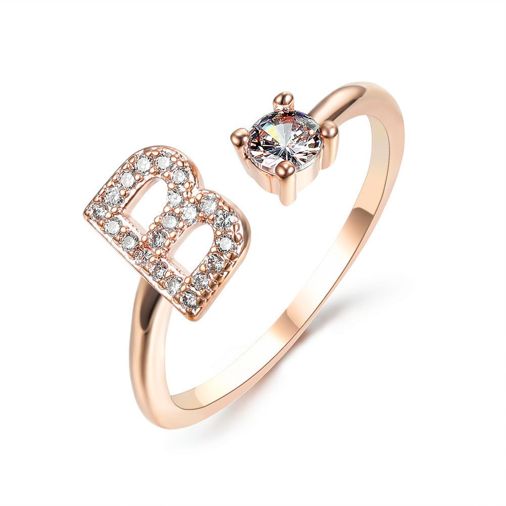 Adjustable Letter Ring with Zircon 26 Initial Design Women