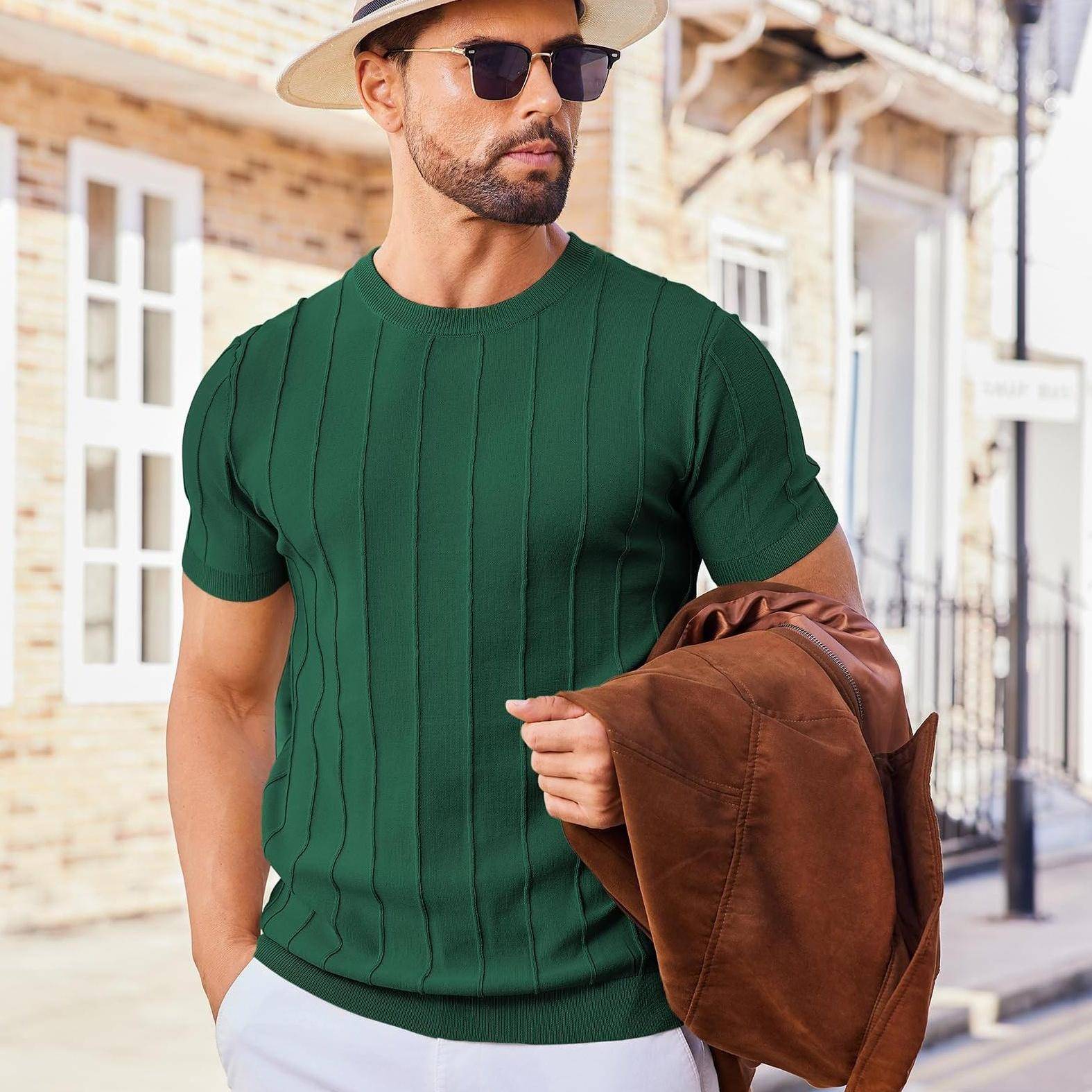 Men’s Casual Crew Neck T-Shirt 100% Viscose Knit Short Sleeve Ribbed Pullover Solid Color Medium Stretch Summer Top