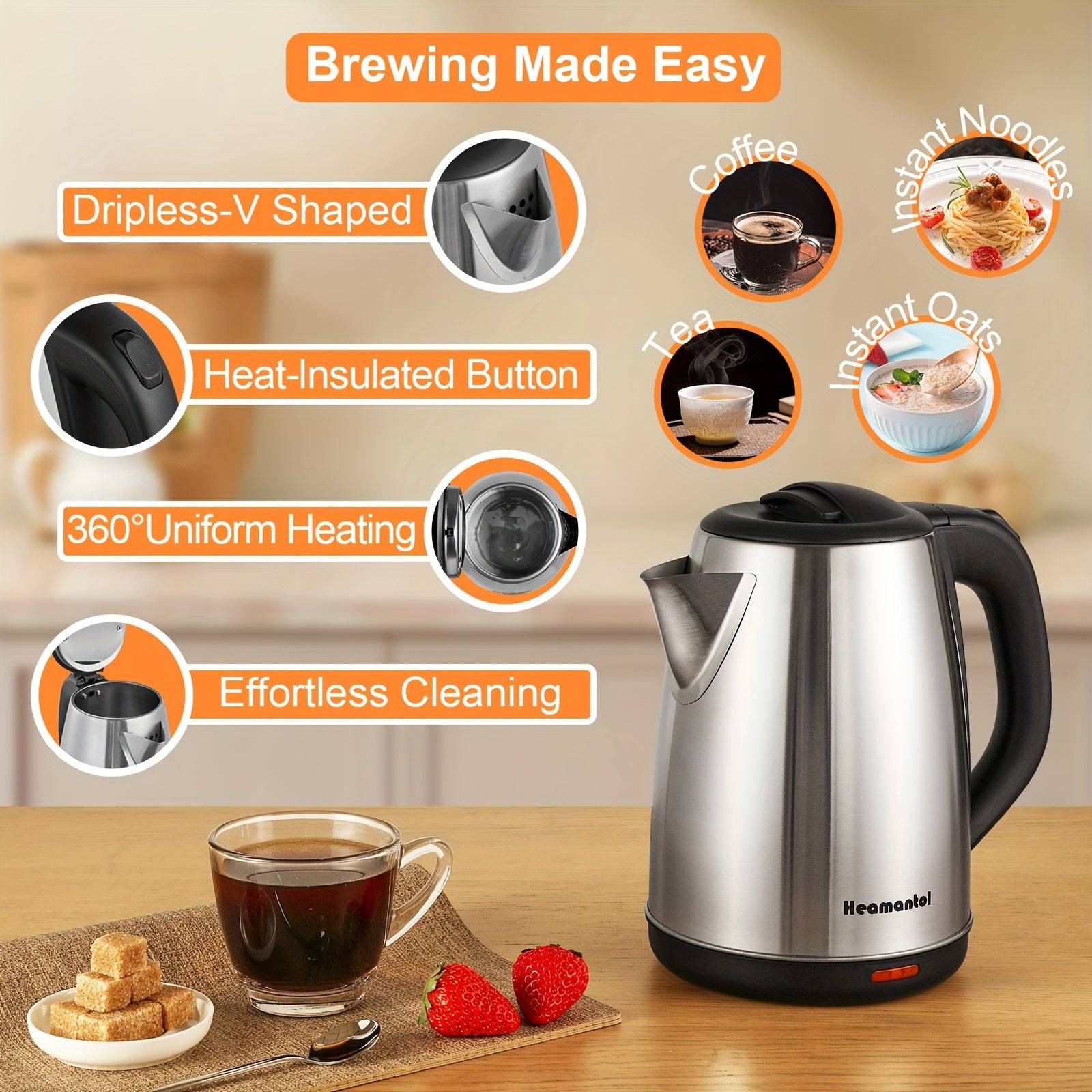 1.8L Electric Kettle – Stainless Steel Double Wall Hot Water Boiler with Auto Shut Off, Boil-Dry Protection, LED Indicator & BPA-Free Cordless Base