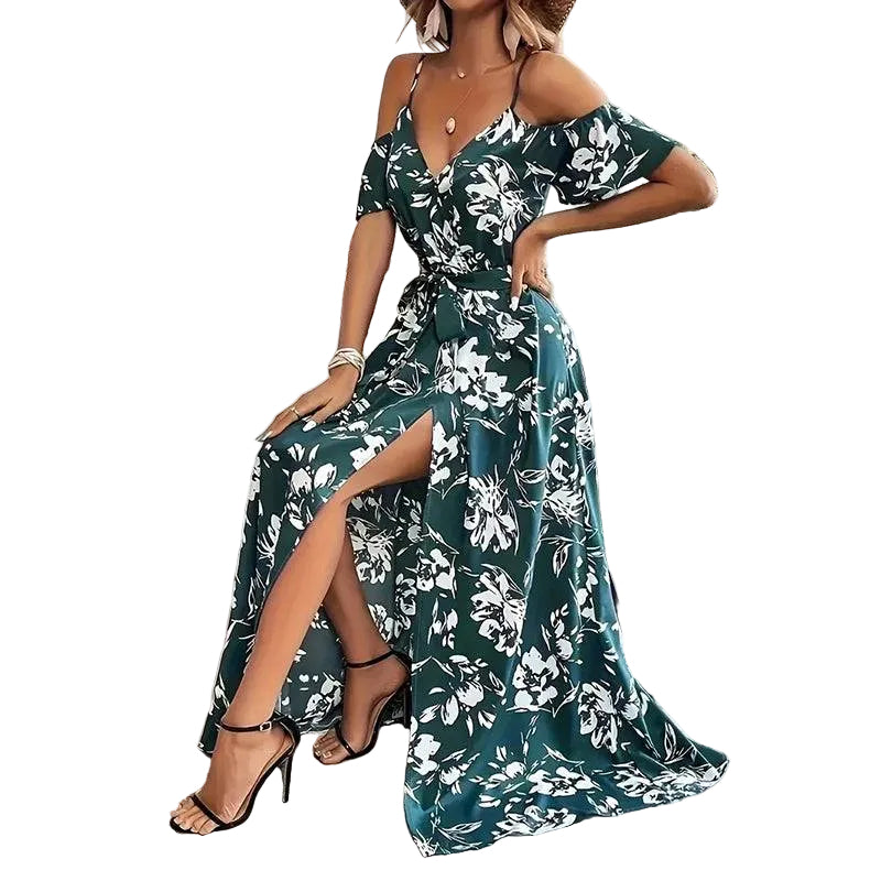 Floral Maxi Dress Cold Shoulder With Belt And Side Split