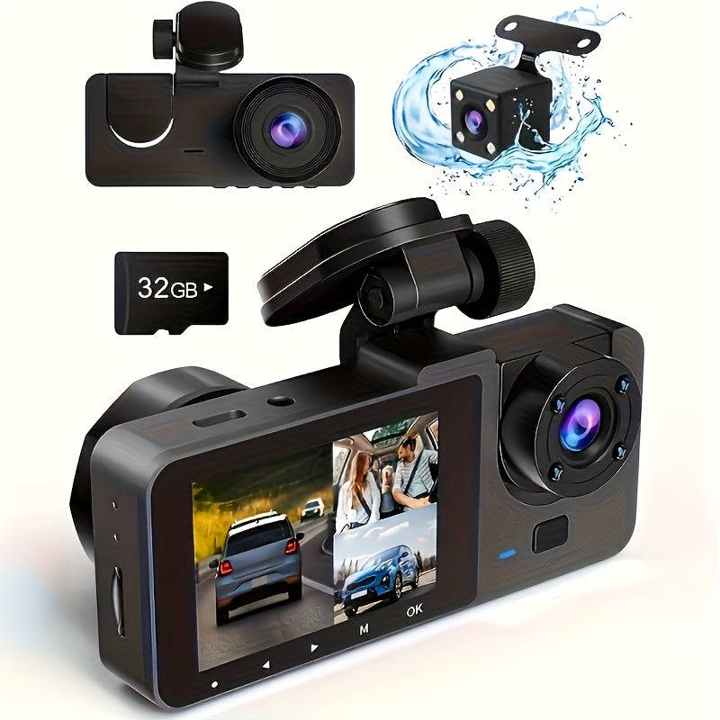 HD Dash Cam for Cars with 32GB SD Card, dual lens display, waterproof rear camera, and adjustable mount for flexible installation and recording angles.