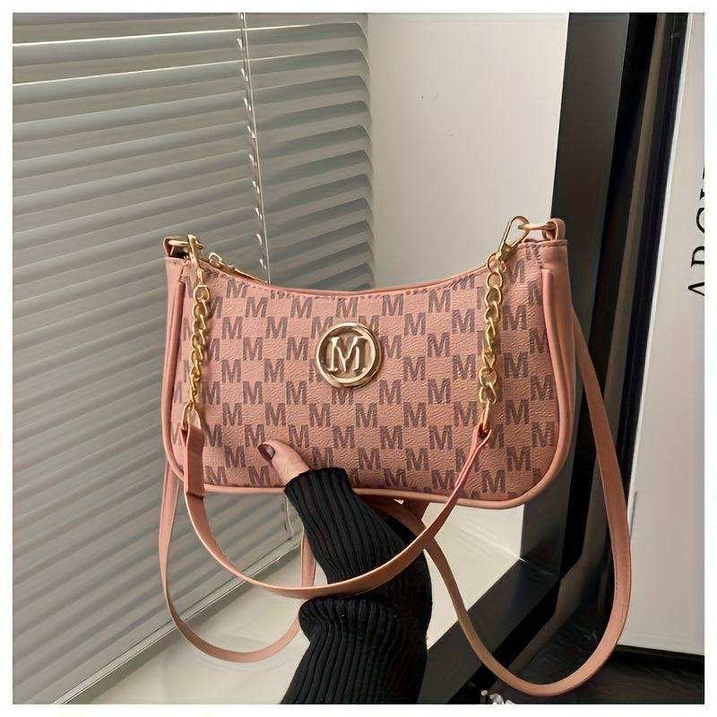 Women’s Vintage Crossbody Bag – Checkered Print, Gold Accents, Detachable Chain, Black & White