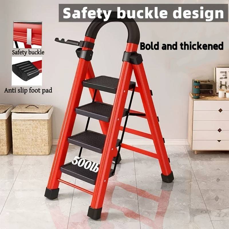 Heavy-Duty Folding Ladder 500 lbs Capacity, Steel Step Stool with Anti-Slip Pedals, Safety Buckle and Non-Slip Foot Pads for Home Use
