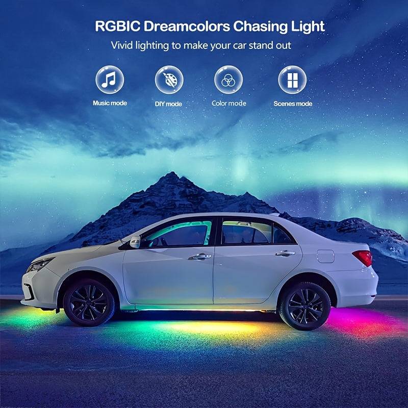 4-Piece RGB Car LED Light Strips Universal Interior Base Lights with APP, Music Mode & Remote Control Decorative Lighting for Travel, Camping & Holidays