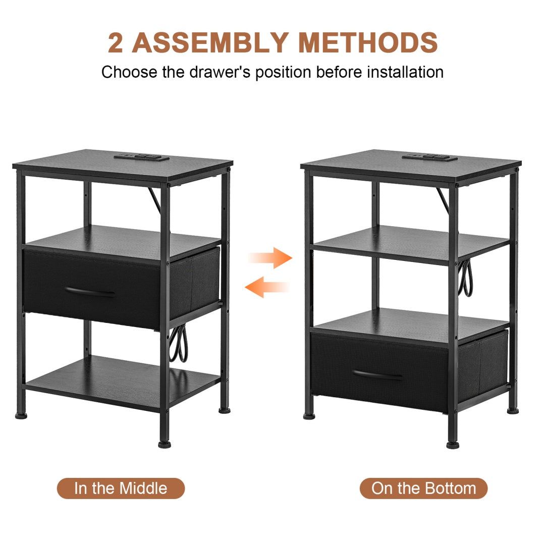 Bedside Table with Charging Station and Adjustable Shelves