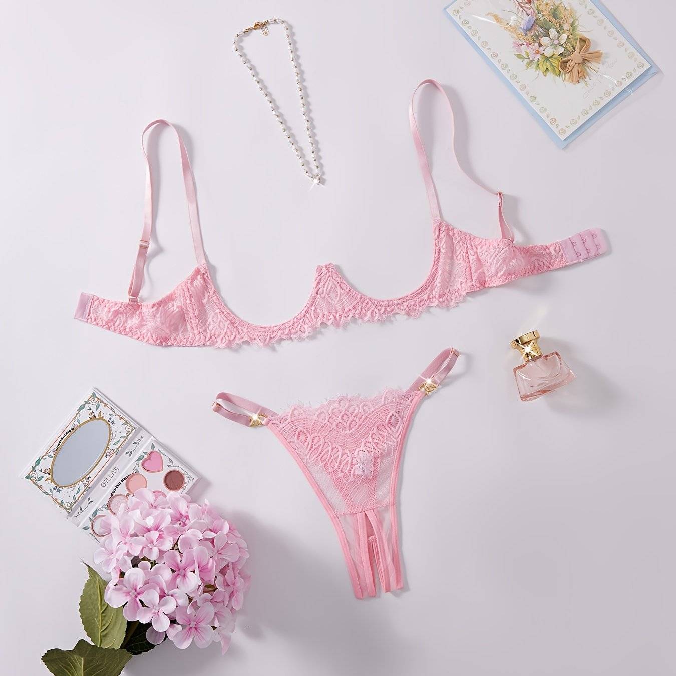 Women's Hollow-Out Lace Lingerie Set – Intricate Design in Red, Pink & White, Comfortable Matching Set