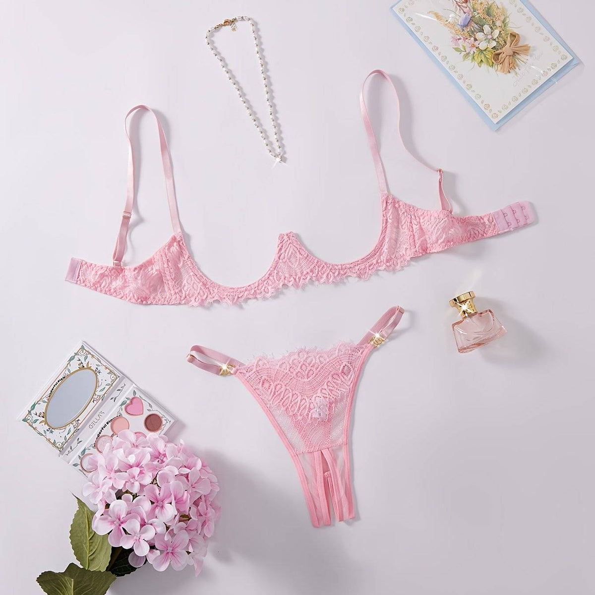 Women's Hollow-Out Lace Lingerie Set – Intricate Design in Red, Pink & White, Comfortable Matching Set