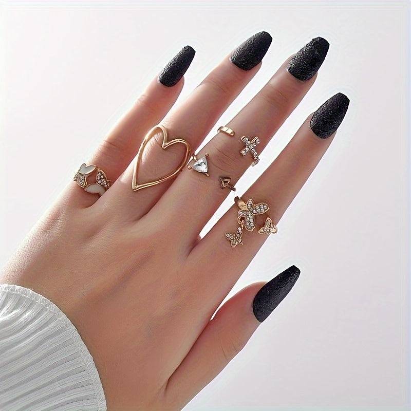 5-Piece Golden Retro Ring Set Minimalist Butterfly & Heart Design with Rhinestones for Daily & Special Occasions