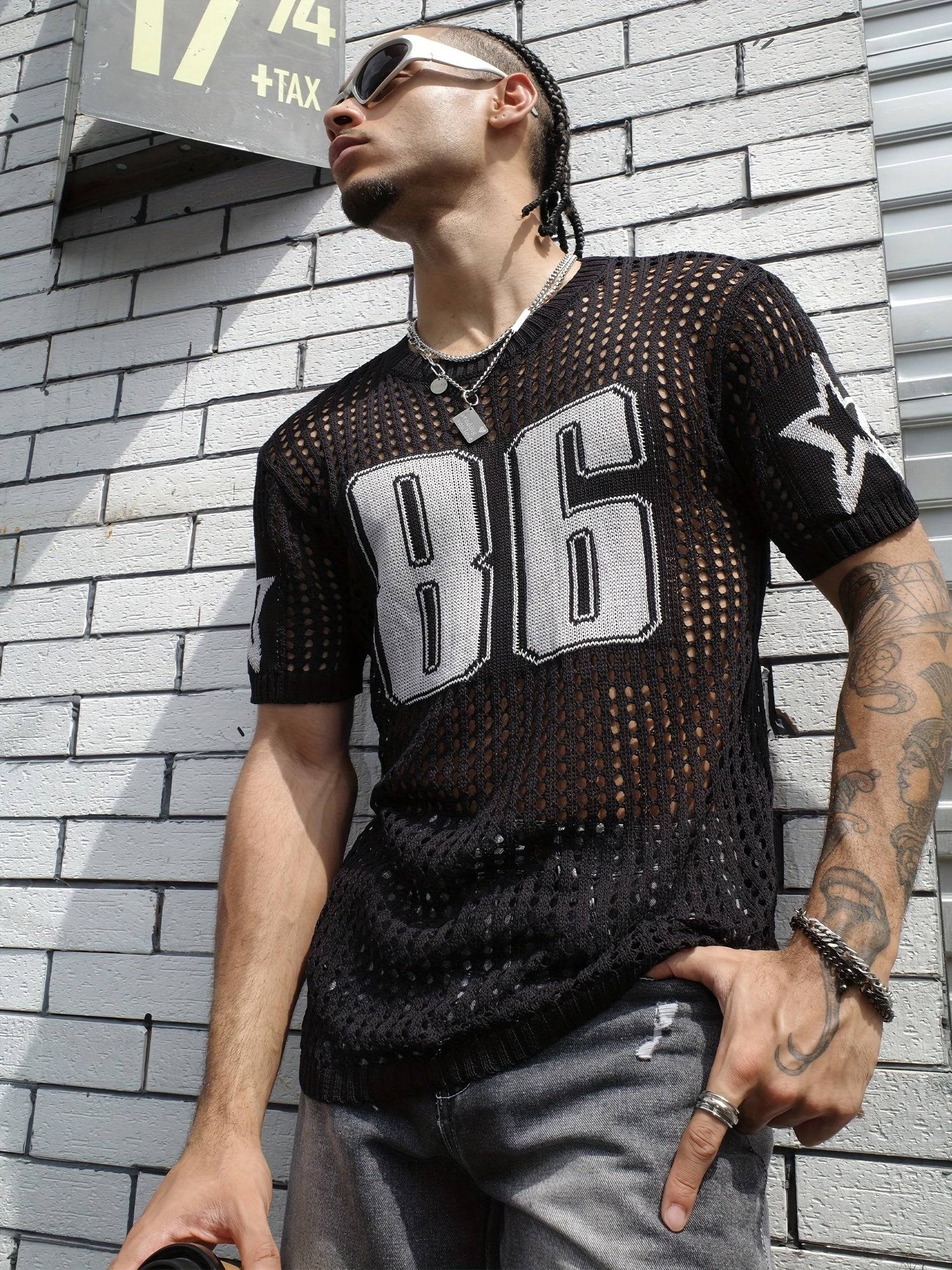 Men's casual summer openwork knit shirt, lightweight and breathable, for everyday wear.