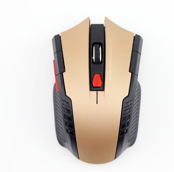 Gold wireless mouse with ergonomic grip and adjustable DPI button, designed for high-performance gaming and productivity tasks.