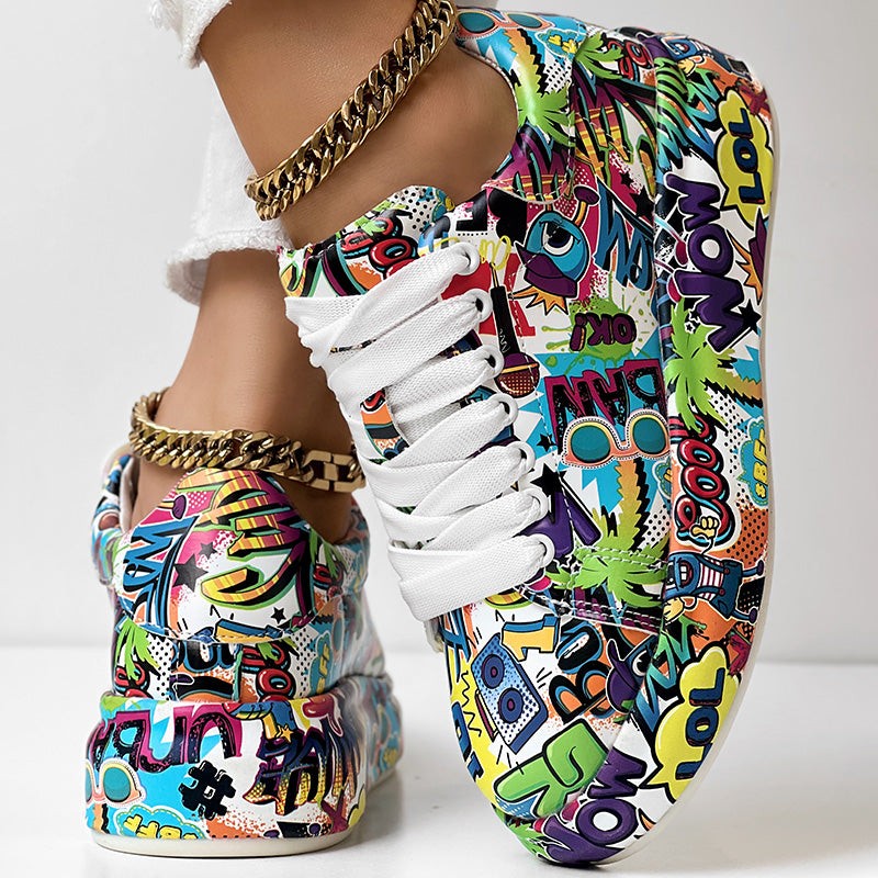 Geometric Print Sneakers With Lace Up Style And Thick Sole