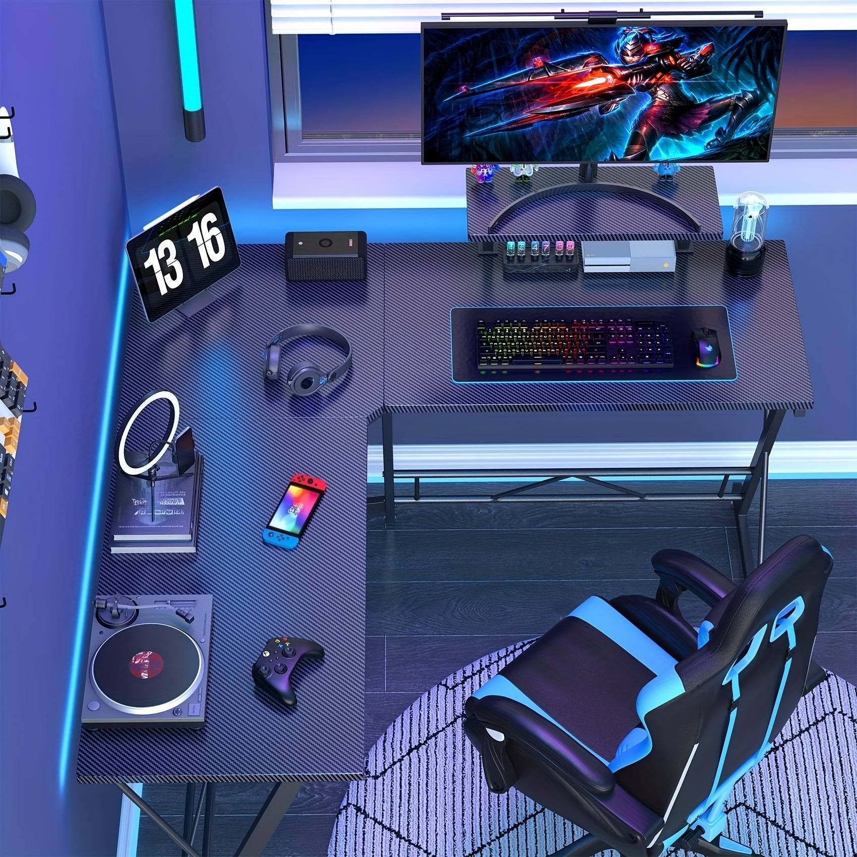 51" L-Shaped Gaming Desk, Black Corner Computer Table with Cup Holder, Headphone Hook, RGB Light Strip and Display Stand, Dual Workstation for Home Office or Game Room
